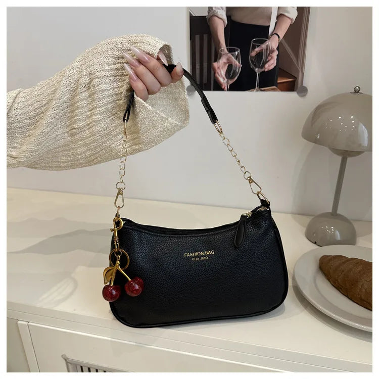 2026 Trendy Cherry Women Shoulder Bag PU Leather Hobo Bag Cute Cherry Charm Underarm Bag Small Crossbody Purse Daily for Girls
